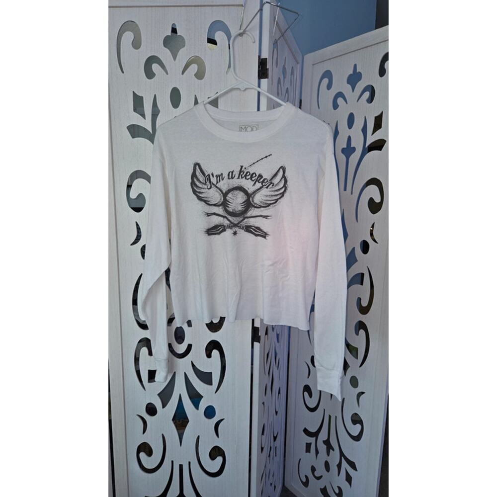 Modern Lux Graphic Crop Top Long Sleeve I'm A Keeper White Small Tee